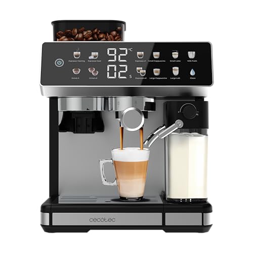 Cecotec Macchina da Caffè Espresso Barista Power Espresso 20 Barista Grind & Latte. 1350W, 20 Bar, Macinino Conico, Serbatoio Acqua 2.6L, 100g Caffè e 500ml Latte, Schermo Tattile, Autopulizia