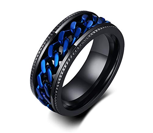 XUANPAI Stainless Steel Two-Tone Groove Blue Chain Inlay Polished Domed Spinner Ring Wedding Bands,Size 9