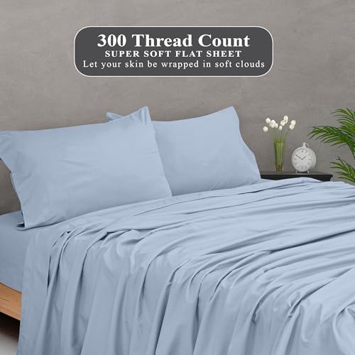 Image of Royale Linens 300 Thread Count 100% Long Staple Combed Cotton Flat Sheet - Super Soft - Top Sheets - Full Flat Sheet Sold Separately - Breathable, Cool & Crisp Percale Sheets Only (Full, Lake Blue)