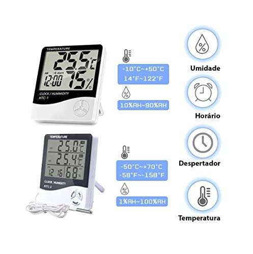 Termo Higrômetro Medidor de Umidade Temperatura Relógio Digital LCD Sem Extensor