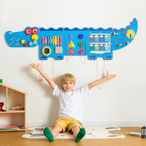 Image of Crocodile Sensory Toys Activity Wall Panels, Educational Montessori Busy Board for Toddlers, Activity Cube - Sensory Wall, Wooden Learning Toys, Interactive Toy, Blue