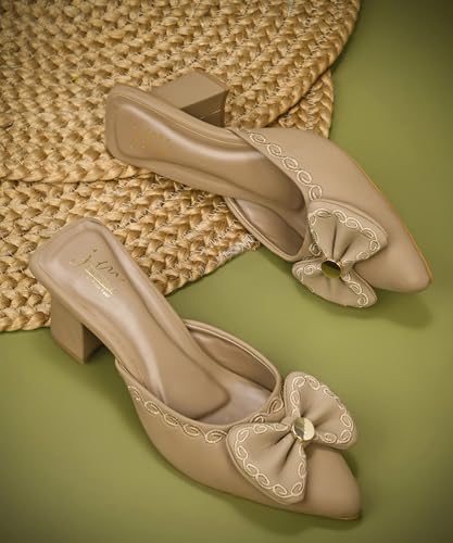 Image of JM LOOKS Elegant Pointed Toe Block Heel Mules Featuring Sophisticated Bow Detail and Ornate Textured Embroidery