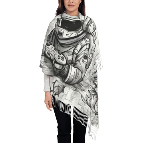 JKXUN Monochrome Sketch Style Gaming Tassel Scarf, Warm Long Tassel Wrap for Spring & Fall & Winter Outfits, Cozy Accessory