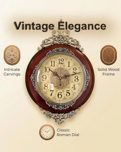 Image of Vintage Wall Clock for Living Room Decor,25 inchH x 13 inchW Analog Clocks Silent
