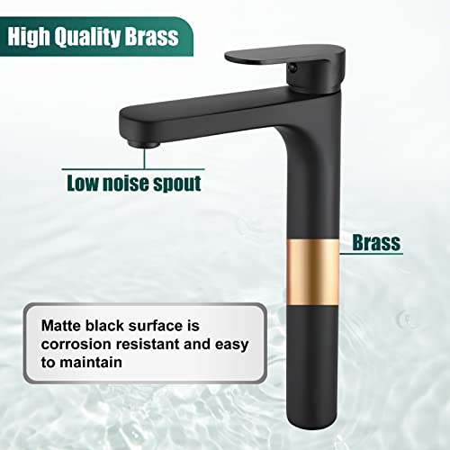 Heyalan Matte Black Vessel Sink Bathroom Tall Faucet One Hole Single Handle Basin Mixer Tap Lavatory Vanity Brass Pop Up Drain Without Overflow Included Deck Mount Modern Black Tall Bathroom Faucet #TOP4