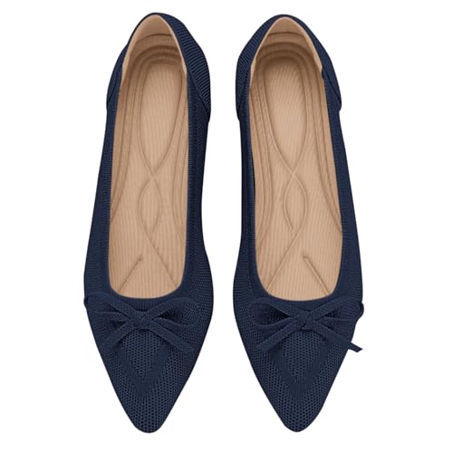 TINGRISE Womens Flats Pointed Toe Bow Knit Ballet Shoes Comfortable Dressy Mesh Slip On Flat Navy US10