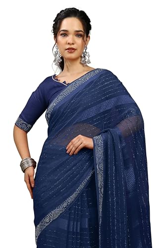 Image of MIRCHI FASHION Saree for Woman Georgette Solid with Satin Stripes | Stone Border Farewell and Ceremonial Sari with Blouse Piece