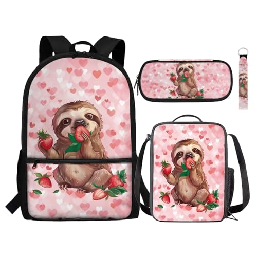 Set zaino per bambini con portapranzo portapenne portachiavi 4 in 1 regalo per ragazze ragazzi adolescenti Bradipo Amore Taglia unica Zaini Daypack rosa fragola