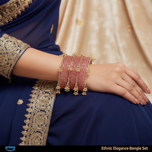 Image of Kashmiri Ghangharoo Glass Bangle Set for Women| Light Weight Bangles | Traditional Transparent Fancy Glass Chudi Set for Wedding, Party|Set Of 16(12 Glass + 4 ghungroo bangles)