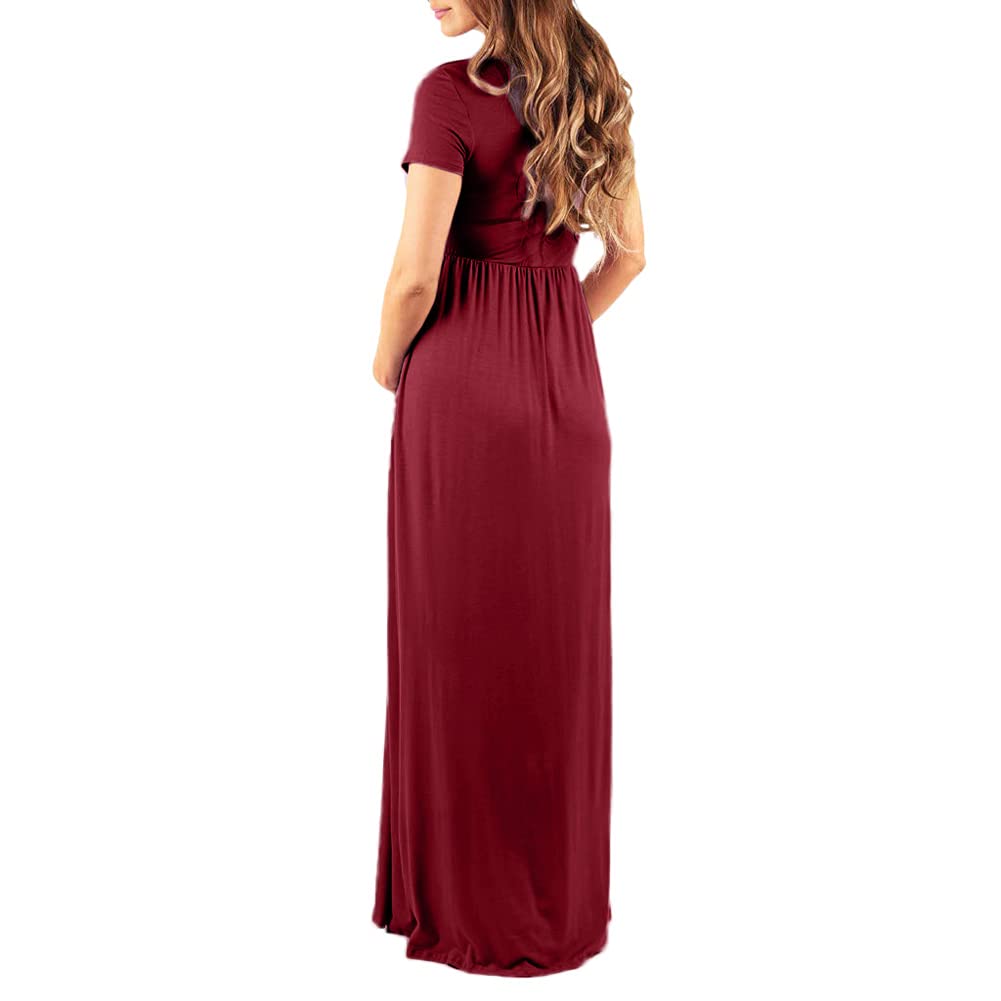 LANGWEI Vestido De Maternidad Maxi Algodón Verano Cuello En V Manga Corta Fiesta De Noche Informal Vestidos Largos,Rojo,M
