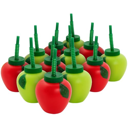 Fun Express Apple-Shaped Cups with Lids & Straws – 14 oz, Green & Red, BPA-Free – 12 Count Reusable Party Supplies