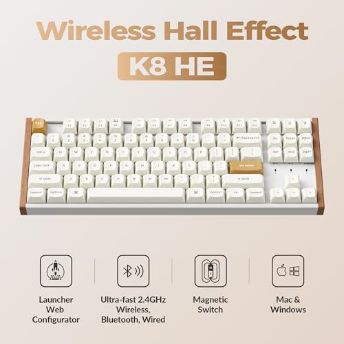 Image of Keychron K8 HE TKL Hall Effect Wireless Keyboard, Magnetic Hot-Swappable Switches, Rapid Trigger, QMK /Launcher Web, RGB, 2.4GHz /Bluetooth 5.2 /Wired, Aluminum & Wood Frame, Mac Windows Linux - White