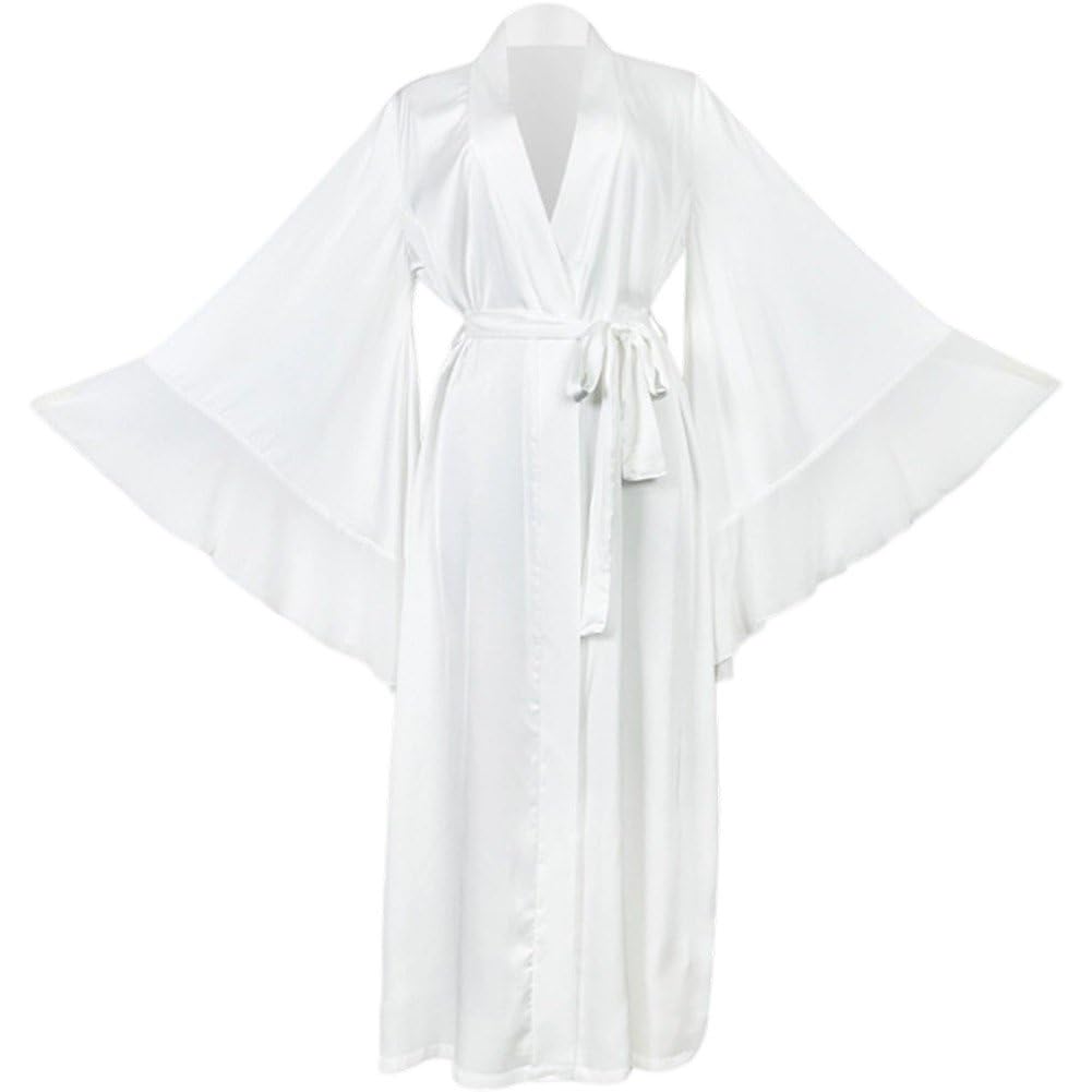 Nightdress Satin Long Sleeve Pajamas Ruffle Chiffon Nightgown Soft Faux Silk V Neck Bathrobe for Women White S Small