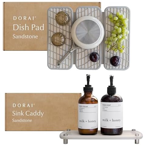 Dorai Home Dish Pad & Sink Caddy Bundle | Quick-Drying Diatomaceous Earth Stone Mats for Kitchen Counter | Gift Set Modern Kitchens | Absorbent, Stylish, and Functional | Standstone Cover
