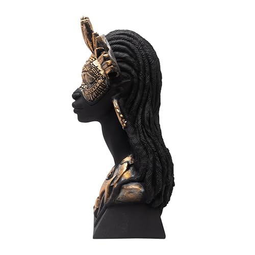 Image of Tribal Queen Bust Sculpture Black and Gold Resin Figurine with Feathered Headdress and Dreadlocks, African Queen Decorative Statue for Living Room, Office, Shelf, Tabletop Home Decor