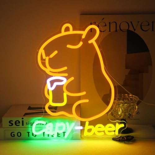 Image of Capybara Beer Neon Sign Animal LED Lights for Bar Man Cave Wall Decor Gifts | Funny Cartoon Neon Light, Dimmable Capy Beer LED Sign, USB Powered, Acrylic Bar Neon Wall Sign, Birthday Gifts, Party Supply
