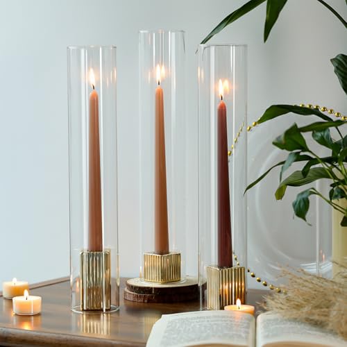 LETINE 14 Tall Hurricane Candle Holders with Gold Ribbed Taper Candle Holders Set of 3 Bulk Windproof Taper Candle Hurricane Glass for Outdoor&Indoors Wedding Centerpiece Event & Home Decor