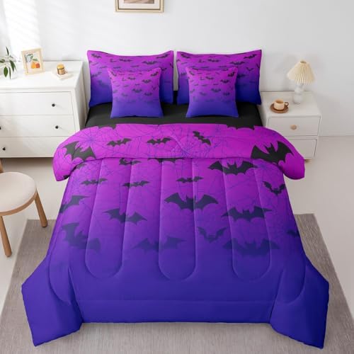 Erosebridal Halloween Bats 7 Piece Comforter Set Queen,Purple Blue Ombre Bed in a Bag with Flat Sheet and Fitted Sheet for Kids Boys Girls,Spider Web Birds Bedding Set with Pillowcase and Sham