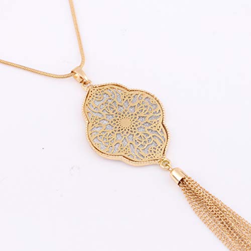 Moloch Long Necklaces For Woman Disk Circle Pendant Necklaces Tassel Fringe Y Necklace Set Statement Pendant (Quatrefoil-Shaped-Gold) #TOP2