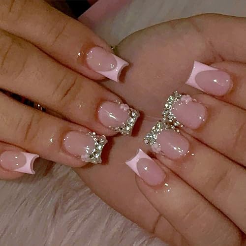 Pink French Tip Press on Nails Short Square Fake Nails with 3D Rhinestone Designs Glossy Pink  Nails Glitter Crystal Nail Tips Acrylic Nails Press on Artificial Nail Set for Women Manicure 24Pcs