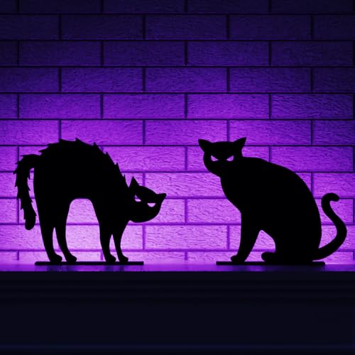 RoseCraft Halloween Decorations, 2PCS Wooden Black Cat Tabletop Decoration Sign with Lights, for Halloween Home Farmhouse Indoor Party Decor.