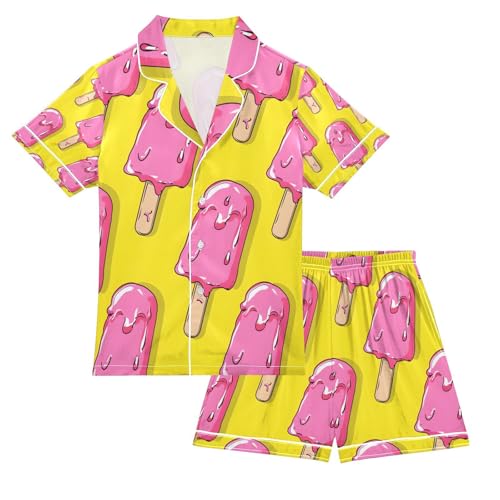 senya Pink Ice Cream Satin Summer Pajama Sets Silk Short Sleeve Button Down Sleepwear