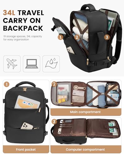 LOVEVOOK Travel Backpack for Women, Carry On Backpack Flight Approved with 3 Packing Cubes,TSA Personal Item Travel Bag Fits 15.6” Laptop,Weekender Hiking Business Luggage Daypack Black3