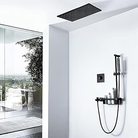 ALYHYB 595 * 300mm Inches black top spray Shower System Bathroom Luxury Rain Mixer Shower Faucet Set Ceiling Mounted Rainfall Shower Head System (Contain Shower Faucet Rough-In Valve Body) Cover