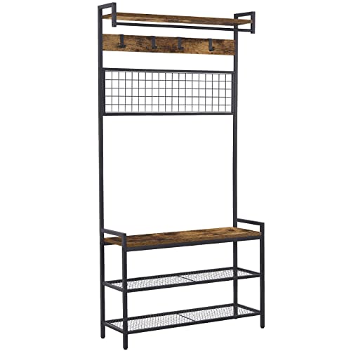 Hall Tree Coat Rack Shoe Bench for Entryway with 12 Hooks 3 in 1 Organizer Shelf with Storage Bench Vintage Multipurpose Wood Furniture with Metal Frame for Mudroom, Easy Assemble, Brown and Black