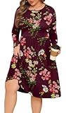 Picture of POSESHE Women's Plus Size Knee Length Dresses Casual Flowy Hem Empire Waist Midi Dresses,Wine Red Flower,2XL