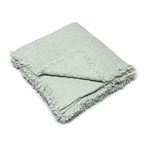 LinenMe Sea Foam Manta de Lino Washed Waffle Big Fringe Cover