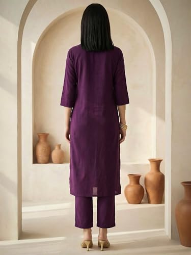 Image of INDO ERA Women's Viscose Rayon Floral Embroidered Straight Calf Length Kurta & Pant Set (IEAI12330)