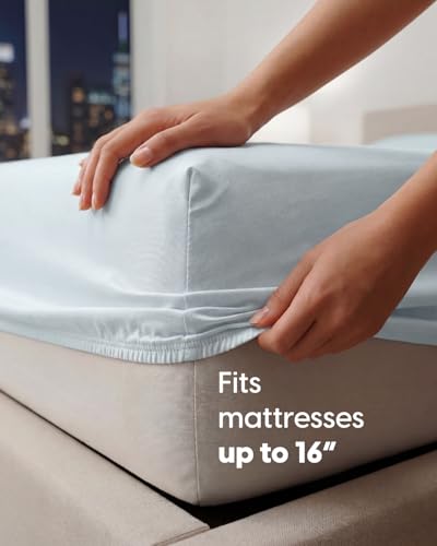 Image of Sleepy Town Split King Size Bed Sheets - 4 Piece - NO Flat Sheet Included - Split King Sheet Set - Soft, Comfy & Cooling - Easy Care - Wrinkle & Fade Free - Brushed Microfiber Bed Sheets (Ice Blue)