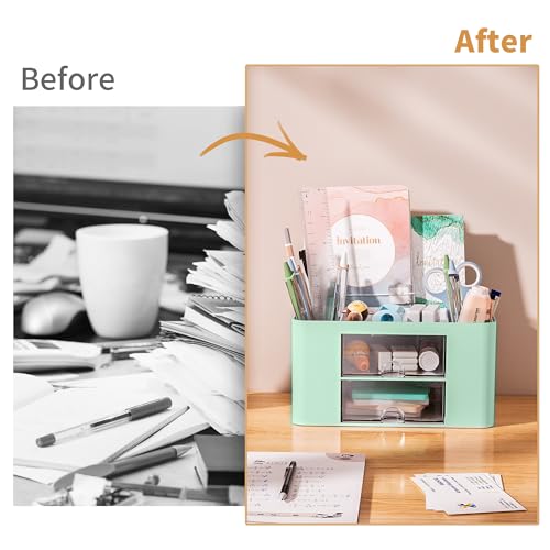 Image of Marbrasse Pen Organizer with 2 Drawer, Multi-Functional Pencil Holder for Desk, Desk Organizers and Accessories with 5 Compartments + Drawer for Office Art Supplies (Green)