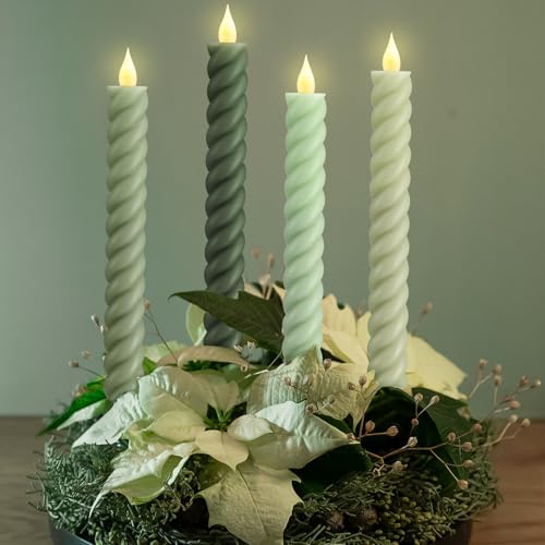 Image of Baquler 6 Pcs Sage Green Flameless Taper Candle Twisted LED 9.65 Inch Taper Candles Battery Operated Twisted Candlesticks for Summer Wedding Birthday Home Party Holiday Dinner Fireplace Decor