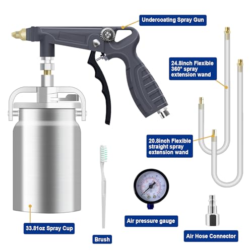 Image of Undercoating Spray Gun with Suction Feed Cup & 360Straight Spray Hoses, Fluid Film Spray Gun for Truck Bed Liner Coating, Rubberized Undercoat, Rust Proofing,Silver