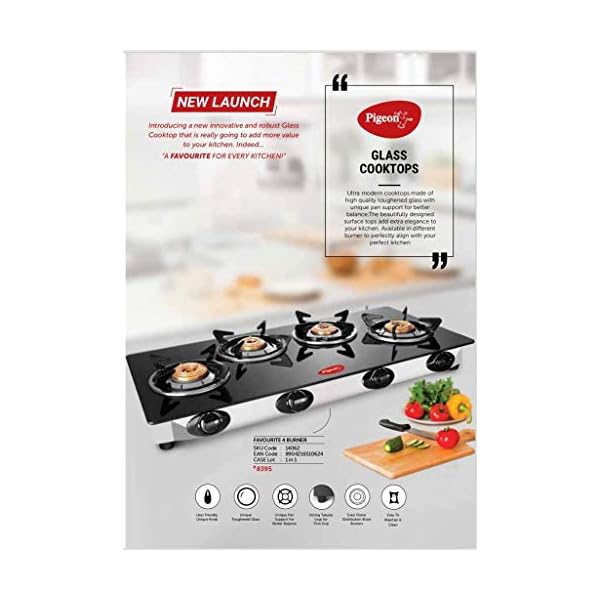 Pigeon by Stovekraft 4 Burner Favorite Blackline Glass Cooktop (Black)
