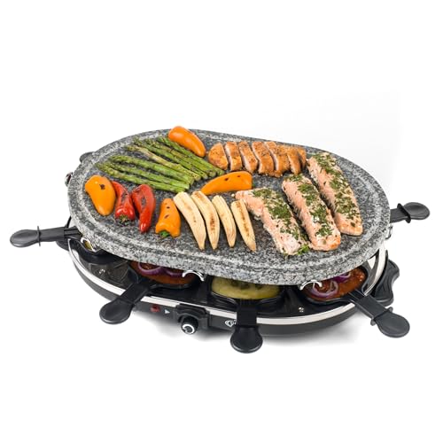 Giles & Posner Electric Stone Raclette Grill - Indoor Tabletop 8 Person Raclette, Removable Stone Grill Hot Plate, Non-Stick Grill Pans, Spatulas Included, Adjustable Temperature Dial, 1200 W