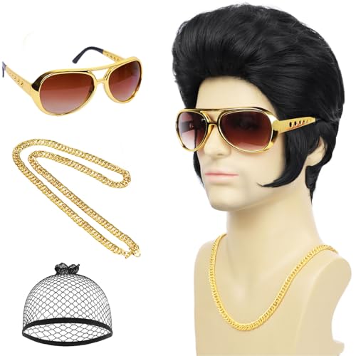Wallden Hair 50s 60s Rock Wig with Glasses and Necklace for Mens Singer Costume Funny Black Wigs for Cosplay Halloween Disco Party (4pcs Set)