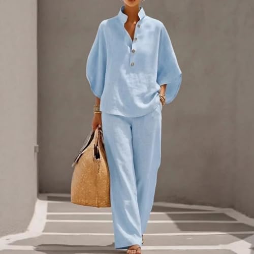 Conjunto de lino para mujer ropa de dos piezas camisa de botones y pantalones de pierna ancha 5