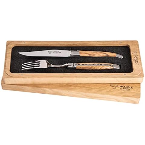 Laguiole en Aubrac Besteck Set, 1 Steakmesser und 1 Gabel, Griff aus Olivenholz - Original aus Frankreich, inkl. Echtheitszertifikat und schöner Aufbewahrungsbox aus Holz Cover