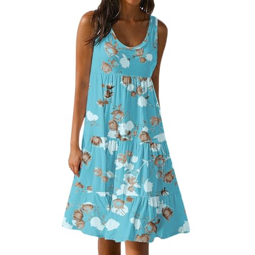 Leinenkleider Damen Sommer Kleider Summer Ärmellos Elegant Kleid Hübsche Minikleid mit Blumen Lockere Gemütlich Türkis 2XL