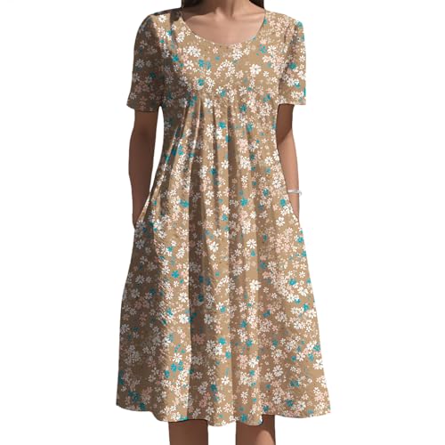 Summer Dresses for Women Cotton Boho Floral Dresses Casual Pleated High Waist Short Sleeve Midi Dress with Pockets
