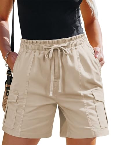 FEKOAFE Womens Casual Cargo Drawstring Comfy Cotton Elastic Waist Pocketed Beach Hot Shorts Beige Large