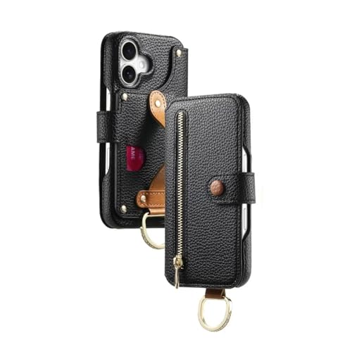 Étui portefeuille iPhone 15 Plus antichoc avec dragonne noire