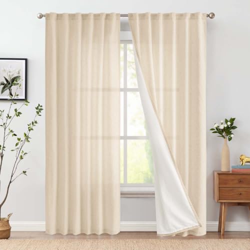 Image of jinchan Lined Linen Curtains Privacy Back Tab 50x90 Inch 2 Panels Set Beige