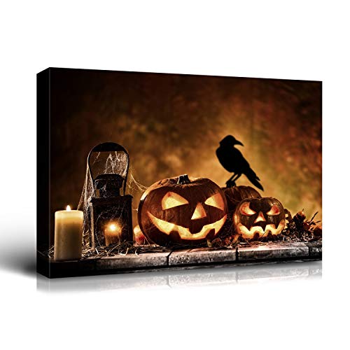 Denozer - Canvas Wall Art Halloween Pumpkin Lantern Painting Artwork for Home Wall Decor,Stretched and Framed Ready to Hang - 32x24 inches