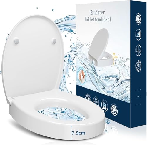 WC Sitzerh&ouml;hung 7.5cm inkl. Absenkautomatik f&uuml;r bequemes Sitzen&Aufstehen | Erh&ouml;hter Toilettensitz aus Duroplast bis 250 kg belastbar | Toilettensitzerh&ouml;hung-Raised Toilet Seat,Befestigung von Unten
