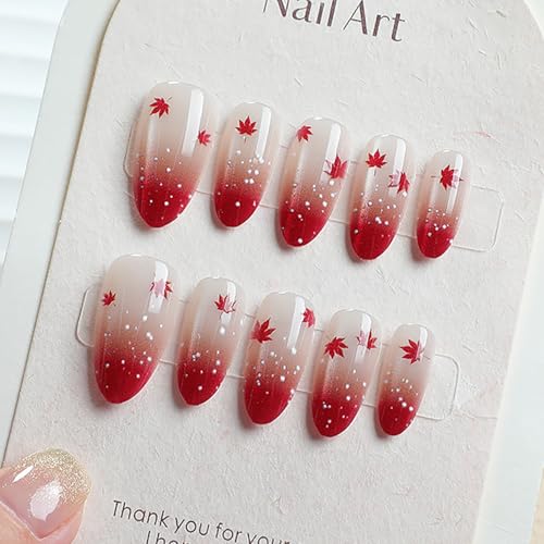 30Pcs Fall Press on Nails Medium Almond Red Maple Leaf Fake Nails with...