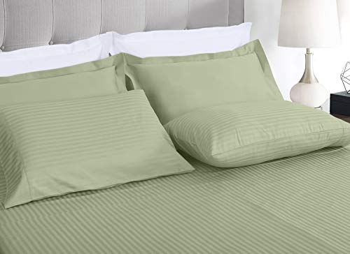 Threadmill 100% Cotton Sheets For Queen Size Bed - 600 Thread Count Queen Bed Sheets Set With 16” Deep Pocket - Damask Stripe Sateen Weave 4-Piece Bedding Set With Cooling Effect, Sage Green #TOP1